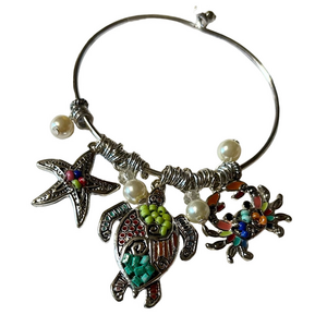 Mosaic Sea Turtle Silver-tone Charm Wire Bracelet